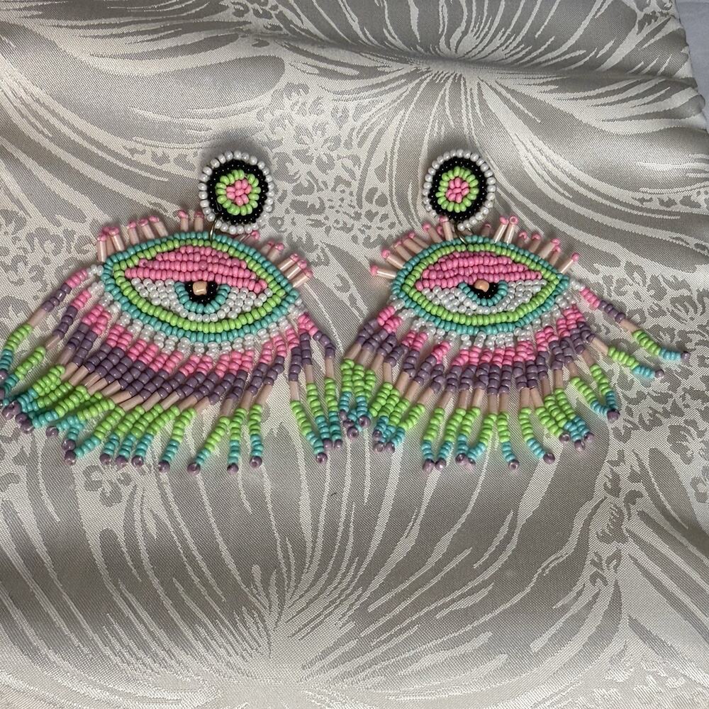 IN Evil Eye Colorful Pastel Beaded Chandelier Fringe Earrings Large Statement 3”